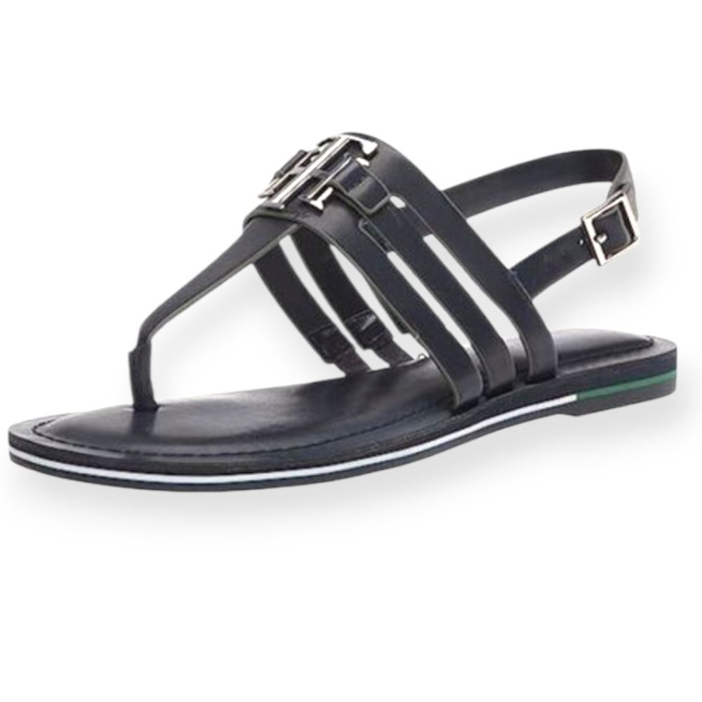 Tommy Hilfiger Navy Shirlie Thong Sandals Silver Logo Strappy Sandals Womens 7